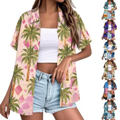 Women's Hawaiian Print Short Sleeve Button Down Shirt, Casual Summer Top