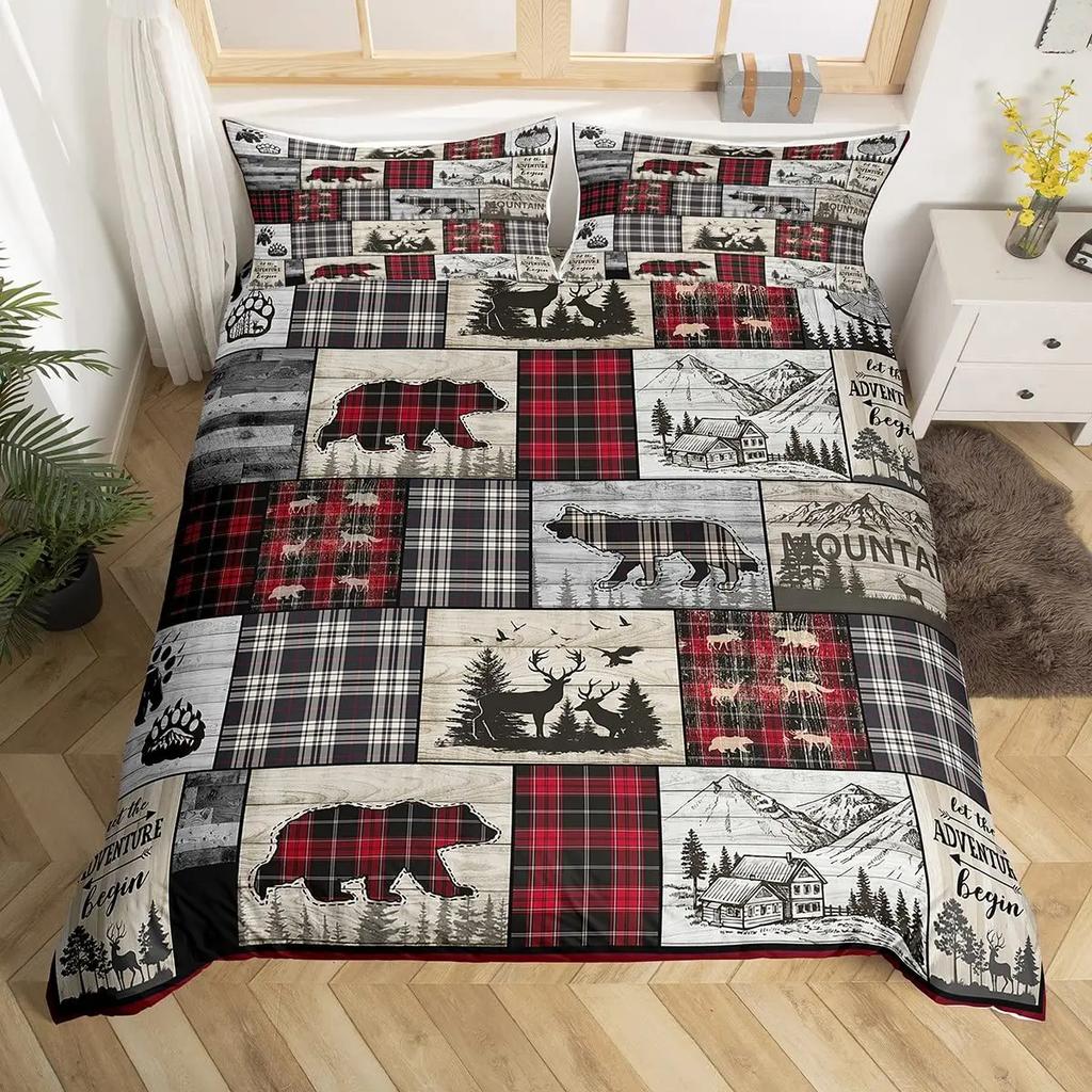 Black Bear Deer Bedding Set Woodland Animals Elk Moose Wildlife Hunting Country Lodge Cabin Duvet Cover Set Queen Comfortable