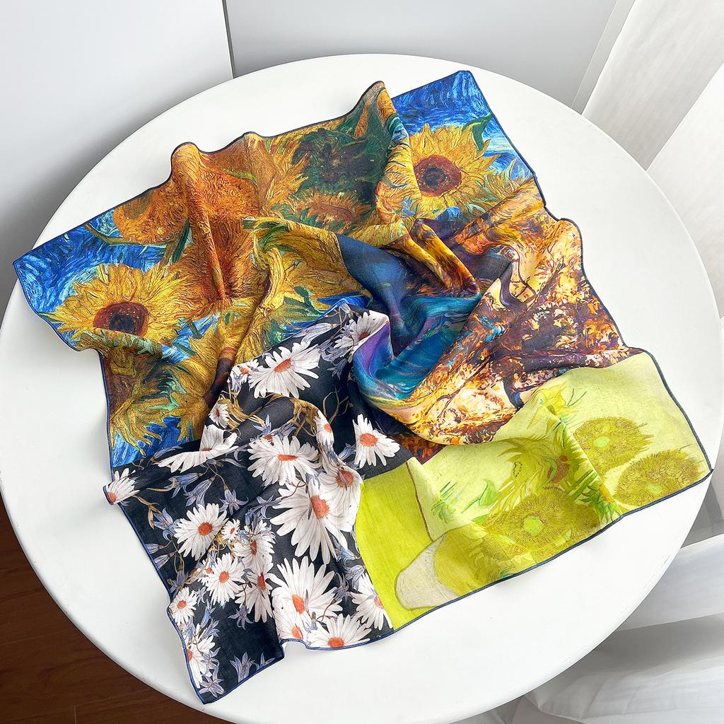 1116 new 111% pure cotton small square scarf spring and summer oil painting fashion versatile silk scarf shirt decorative scarf