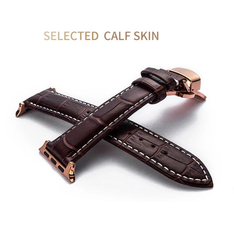 Leather Watchbands for Apple Watch Series 7 45mm 41mm Watch Band for Iwatch 6 5 4 SE 44mm 40mm 42mm 38mm Strap Butterfly Buckle