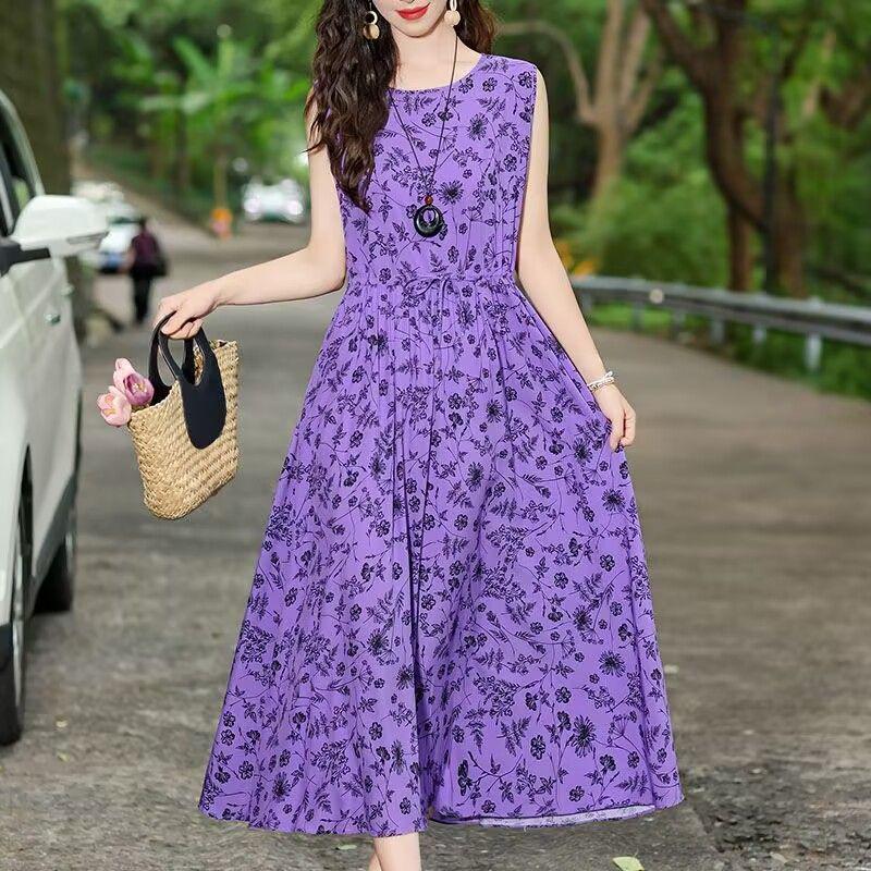 New Summer Floral Cotton-Silk Sleeveless Dress - Plus Size, Loose Fit, Slimming, Vacation Style Mom’s Long Dress