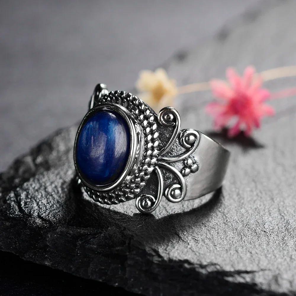 Retro Natural Ring for Men Women  Tiger's Eye Rhodochrosite Kyanite Amethyst Stone Rings Jewelry Party Birthday Gift