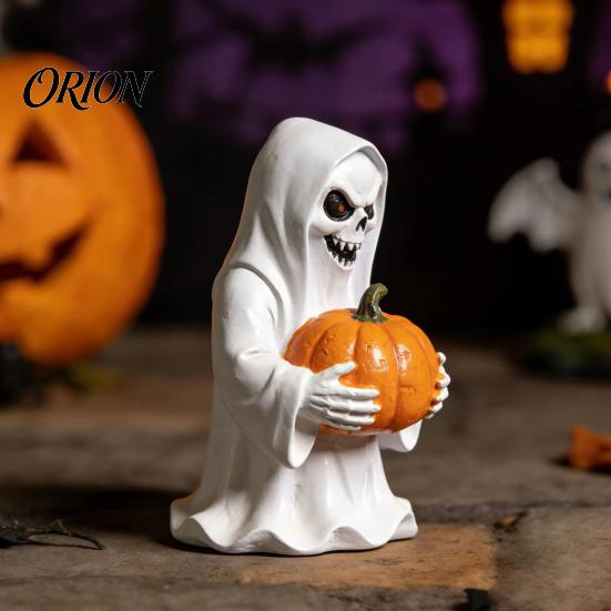 Cute Ghost Figurine for Home Halloween White Pumpkin Resin Statue, Spooky Holding Mini Unique Sculpture Office Garden Yard Tabletop Mantel Decor