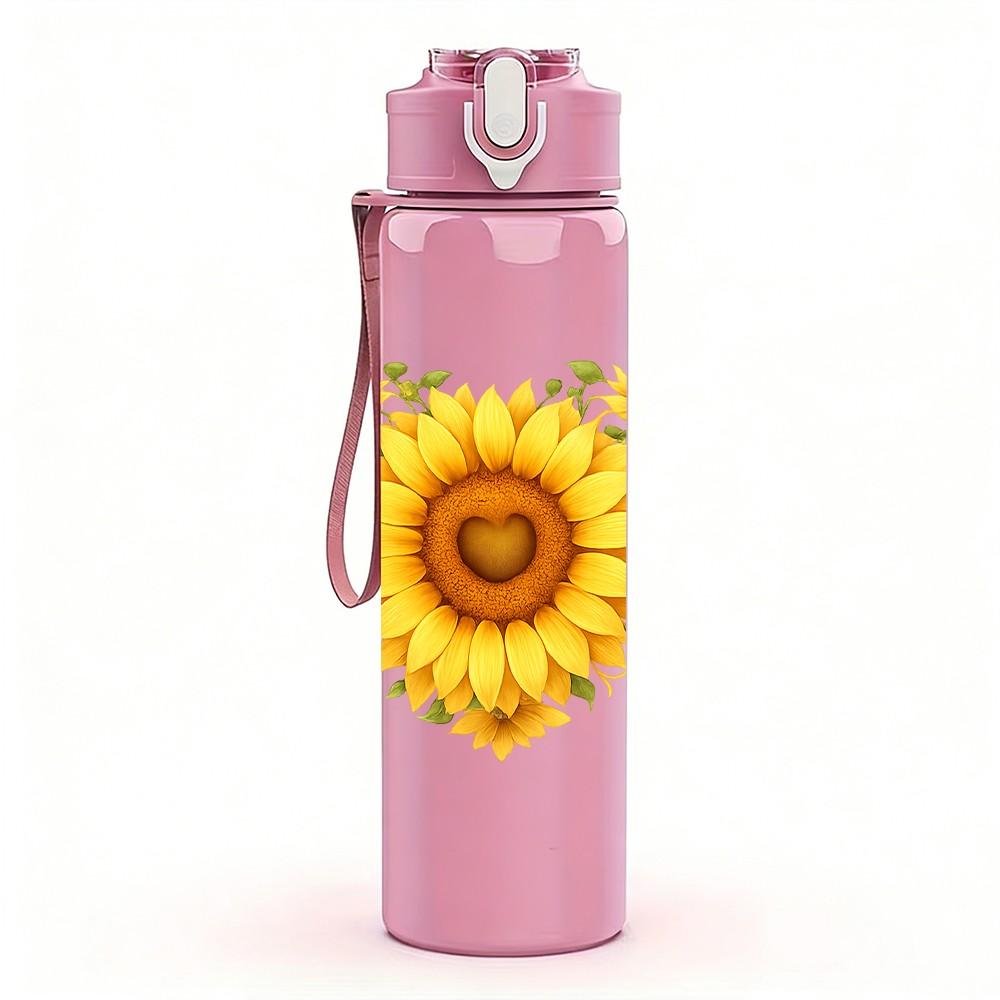 1PC Sunflower Single Bloom Decor 750ml Color Plastic Sports Water Bottle Leakproof Flip Straw Lid Suitable for Sports Office Home Use