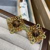 Medieval Vintage Retro Square Hollow Texture Tiger'S Eye Stone Stud Earrings Hong Kong Style Glazed Stone Earrings