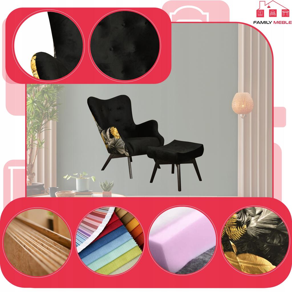 Fotel z pufą skandynawski uszak Luna Print Duo podnóżkiem Family meble czarny