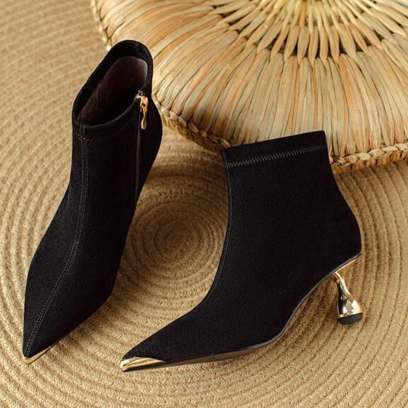 Fashion Women's Thin Heel Single Boots Winter New Metal Pointed Splicing Suede Side Zipper Anti-slip Wear-resistant Short Boots