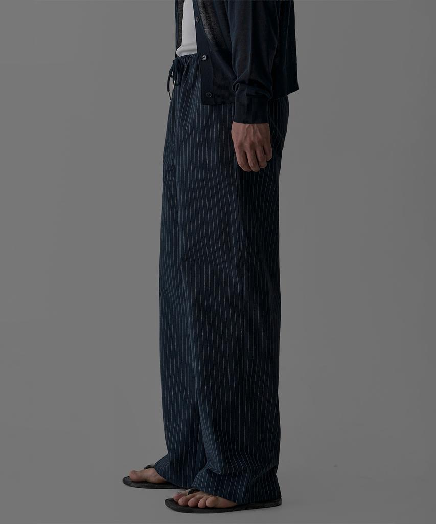 Baulopeulodeogteu Linen Striped Elastic Waist Pants [Navy]