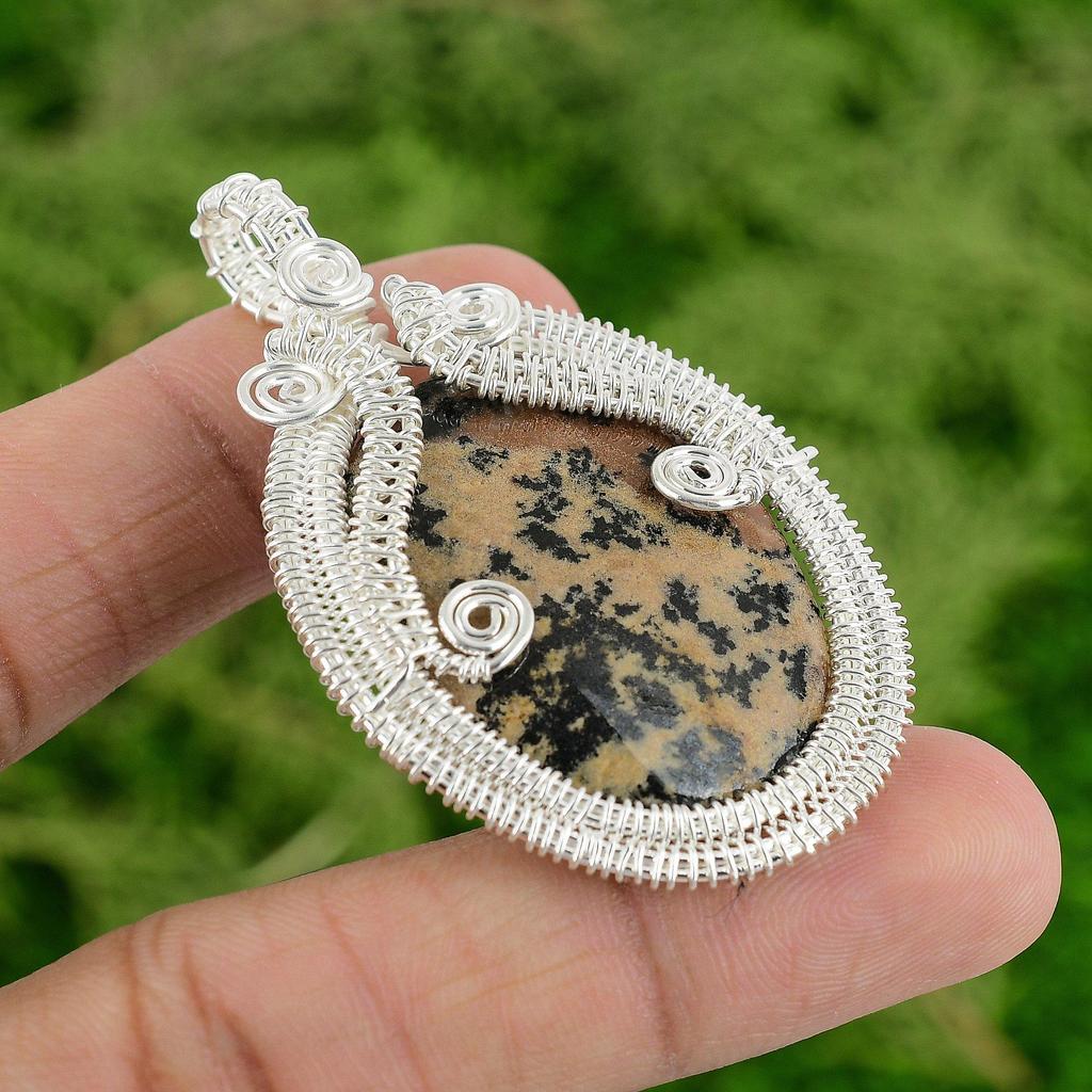 925 Silver Honey Dendrite Opal Gemstone Bezel Engagement Wife Wire Wrap Pendant