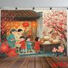 2D Traditional Tet Backdrop with Family Gathering, Peach Blossoms & Red Lanterns for Lunar New Year Events