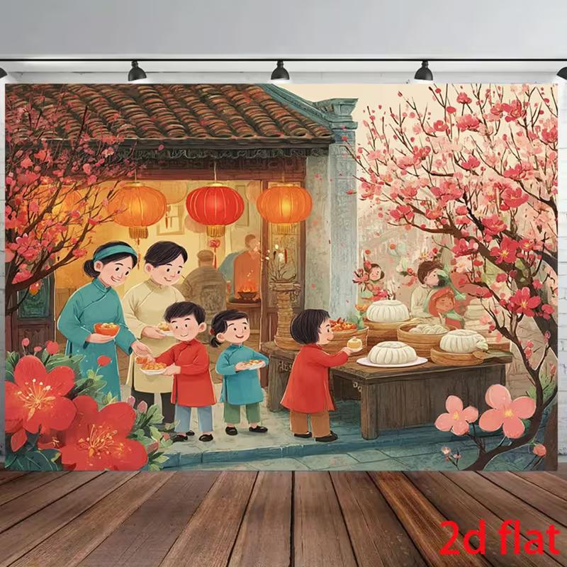2D Traditional Tet Backdrop with Family Gathering, Peach Blossoms & Red Lanterns for Lunar New Year Events