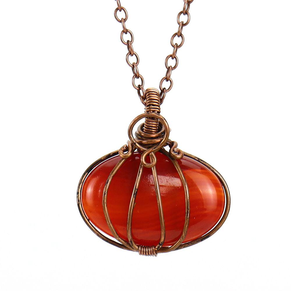 Hand-Wound Natural Stone Crystal Agate Amethyst Halloween Pumpkin Lamp Pendant Necklace N600