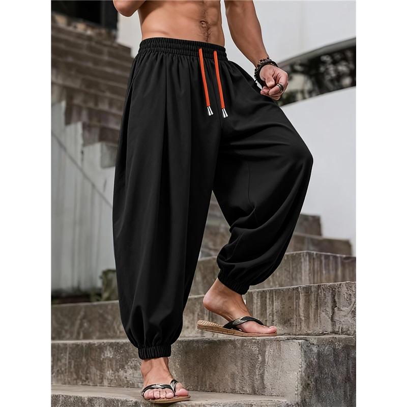 Men's Loose-fit Harem Pants, Elastic Drawstring Waist, Non-stretch Casual Lantern Trousers, Lightweight Quick-dry