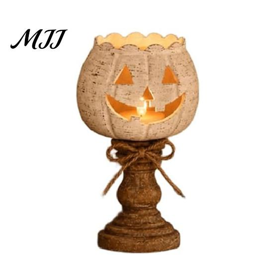 Distressed Resin Pumpkin Ornaments Rustic White Tealight Candle Holder Set, Farmhouse Halloween Tea Light Decorative Lanterns for Autumn Holders
