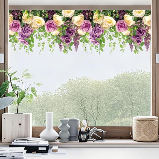 Window Sticker Rose Vine Design PVC Waterproof Wall Sticker No Glue Residue Versatile