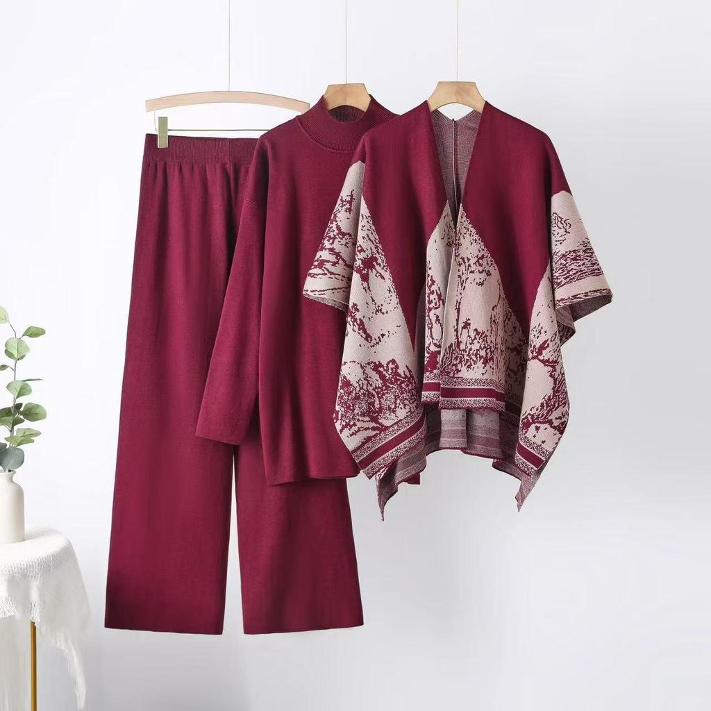 Damen Strick Casual Mode Set: Herbst/Winter Lockeres Pullover-, Hosen- und Schal-Dreiteiler-Set