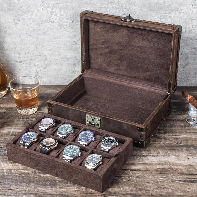 Vintage Crazy Horse Leather 8-Slot Watch Storage Box