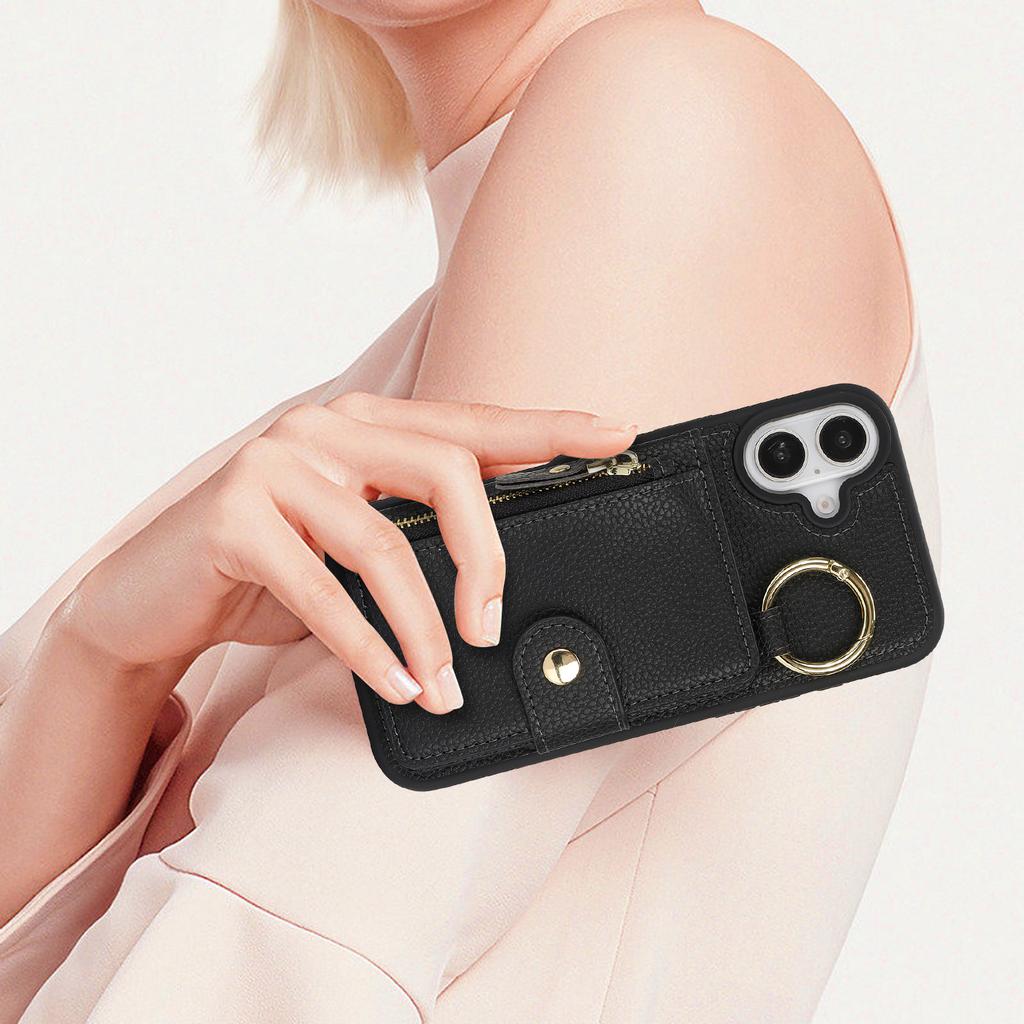 Für iPhone 16 Plus Hülle Litschi-texturiertes PU-Leder+TPU Ständer Handyhülle mit Kartenfach