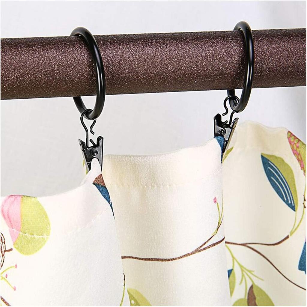 Curtain Rings with Clips - 1.41'' Interior Diameter, Strong Metal Decorative Drapery Window Curtain Ring with Clip, Set of 40(Black)