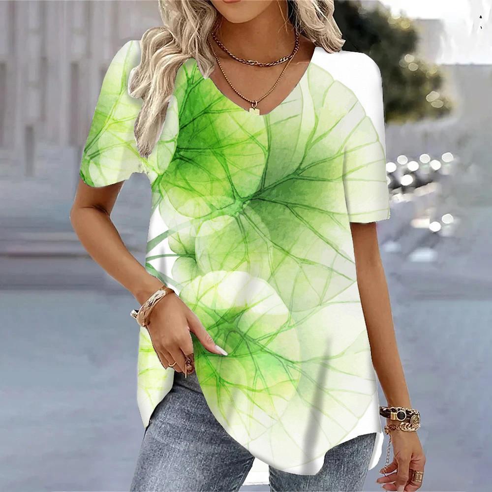 Sommermode 3D Blumendruck T-Shirts Damenbekleidung T-Shirts Tops Damen Lässige Kurzarm V-Ausschnitt Oberteile Lose Bluse S-3XL