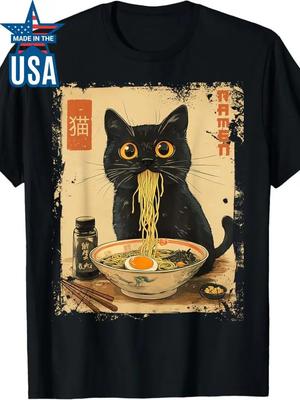 Vintage Kawaii Kočka Ramen Grafické tričko, 100% bavlněné tričko s kulatým výstřihem, krátký rukáv