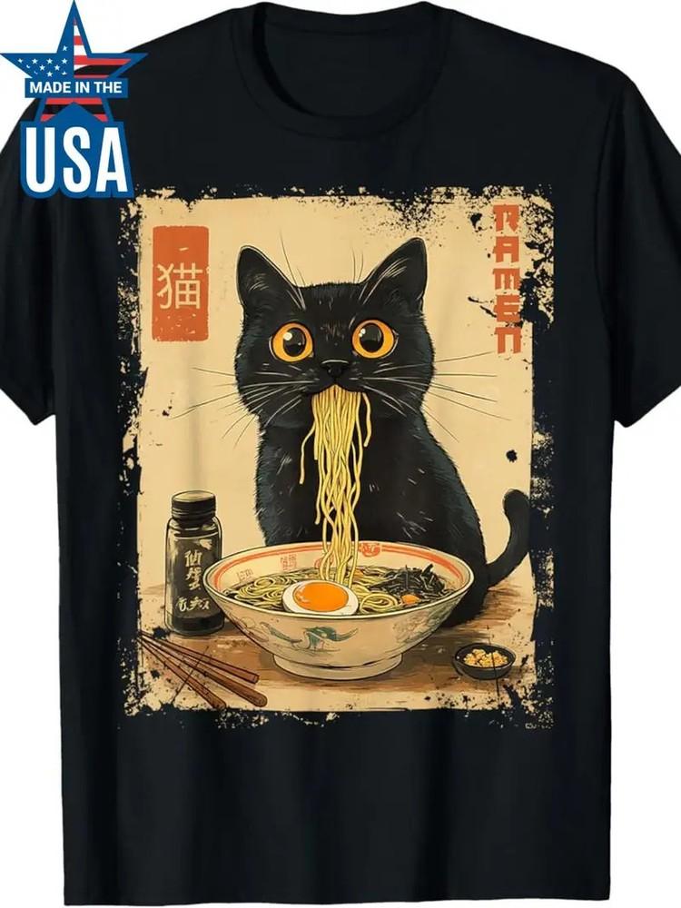 

Vintage Kawaii Cat Ramen Graphic Tee, 100% Cotton Crew Neck T-Shirt, Short Sleev S