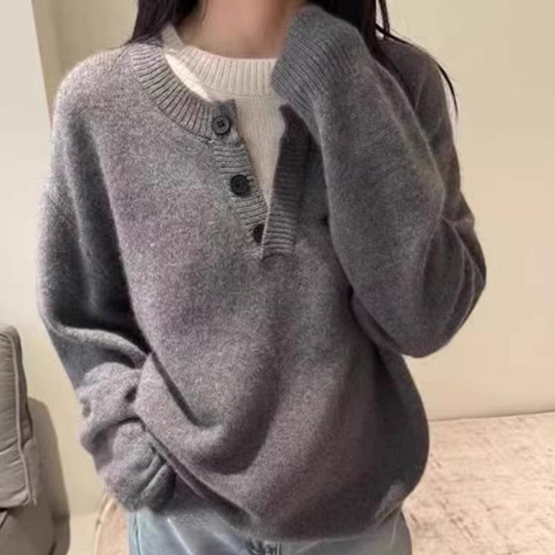 Women's Half-Zip Pure Wool Knit Sweater – Loose Two-Piece Design for Autumn/Winter