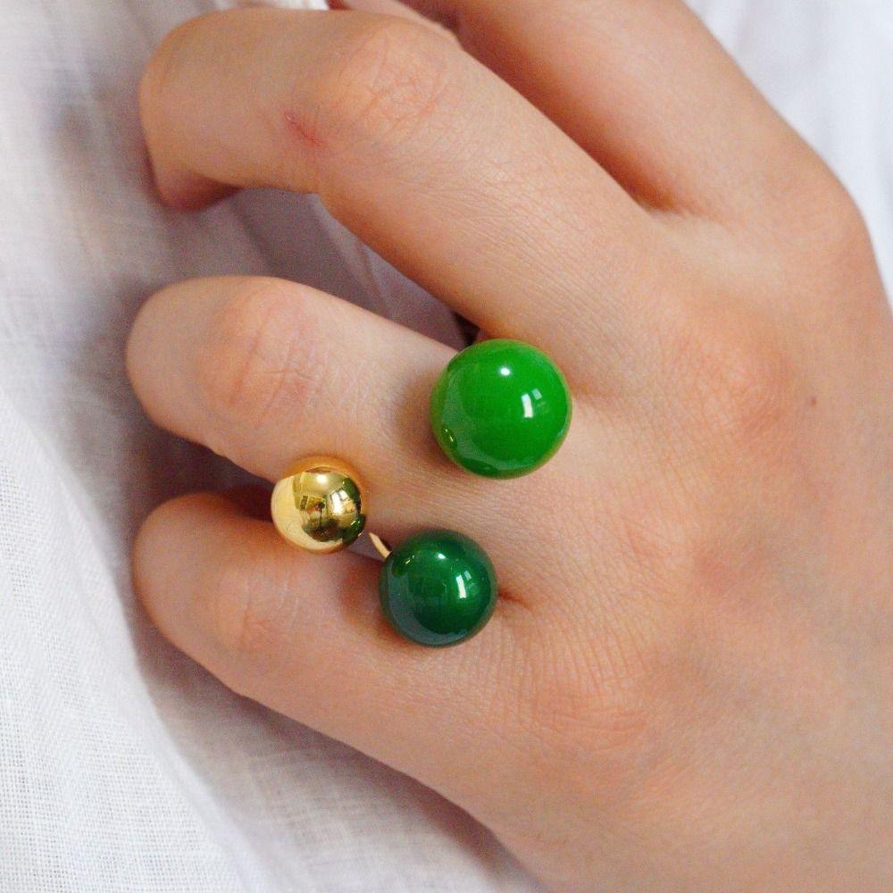 Exquisite Stainless Steel Open Ring Geometric Spherical Colorful Enamel Adjustable Ring Gold Plated Pearl Ring Festive Occasion