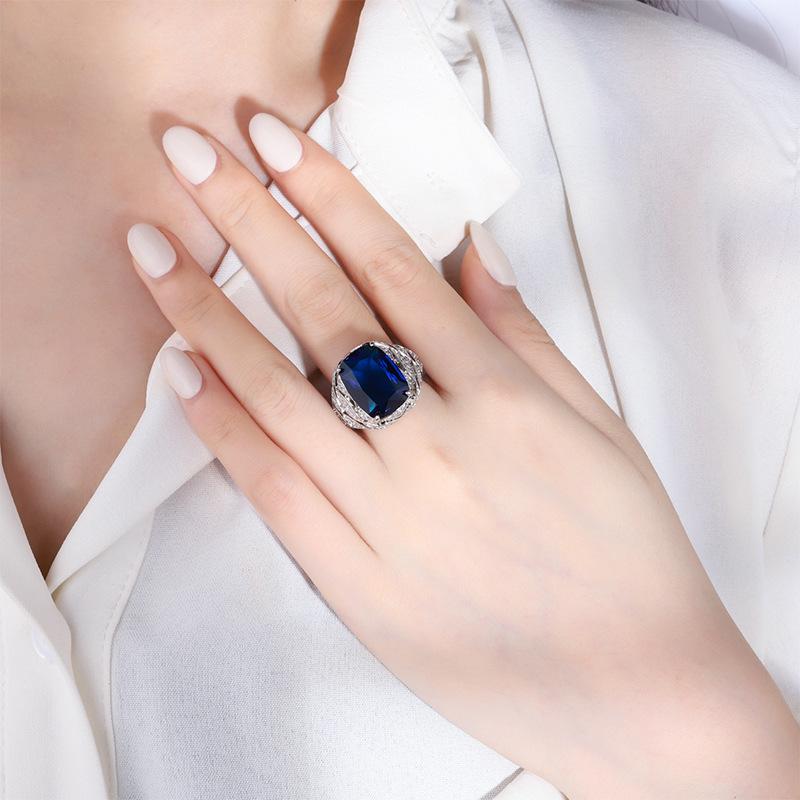 Jewelry Simulation Hongbao Sapphire Hollow Geometric Texture Diamond-Set Women'S Ring Main Stone 12 * 16