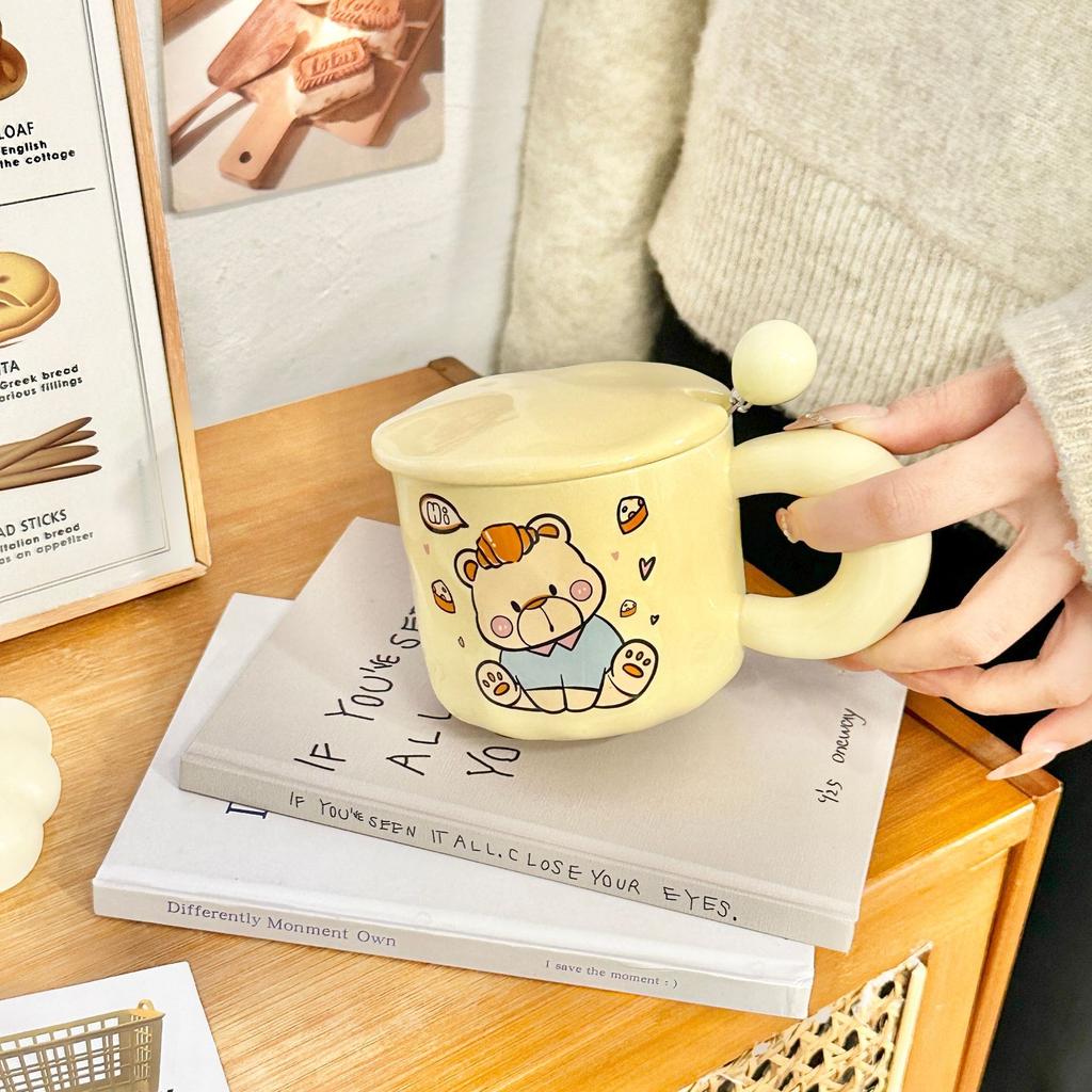 Cartoon Bear Birthday Gift Ceramic Mug with Lid Spoon Cup for Girls with High Appearance Household Water Cup Coffee Cup