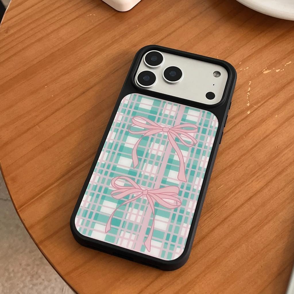 Green pink plaid bow is suitable for Apple IP16/17Promax mobile phone case 15Pro matte PC14 women 13 sets
