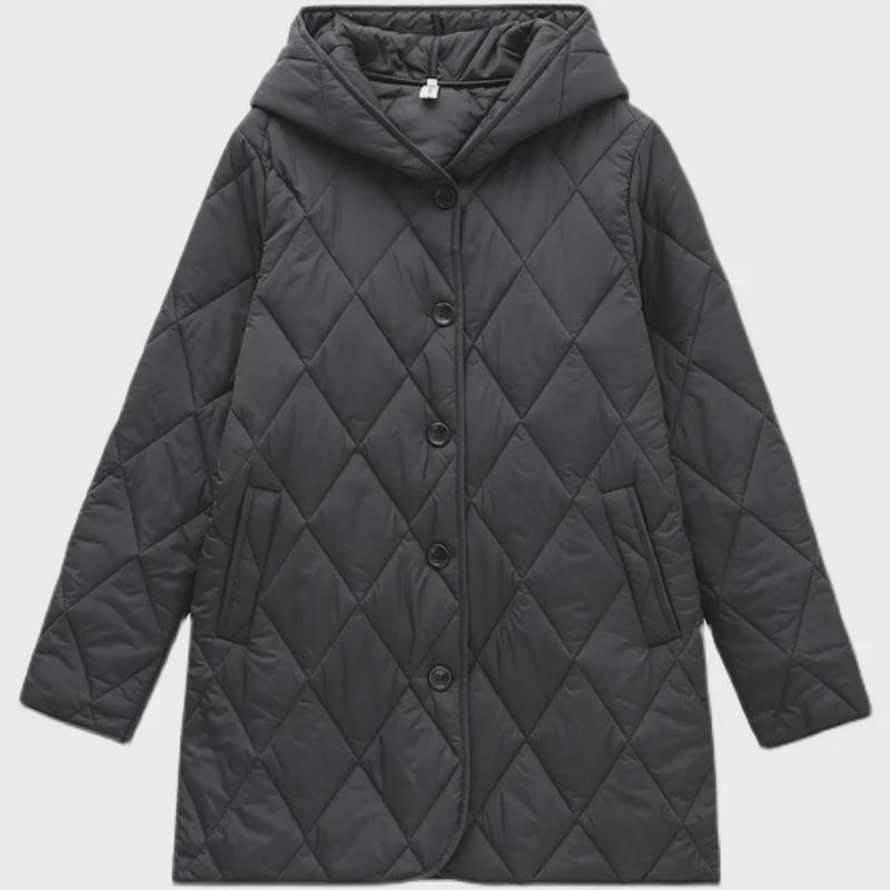 Women's Hooded Diamond-Quilted Winter Jacket 2024 - Solid Color, Warm Cotton, Long-Sleeved.