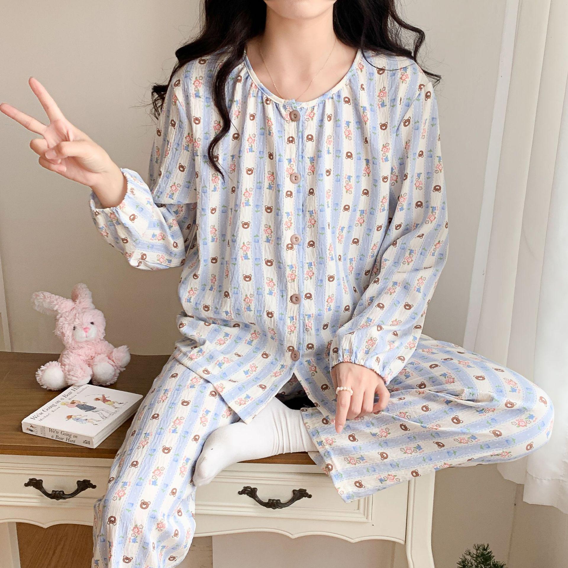 

Новый комплект пижамы для дома, женский комплект одежды для отдыха на весну и осень, хлопковый Dopamine с длинным рукавом, свободный, милый, милый комплект одежды для отдыха M синий