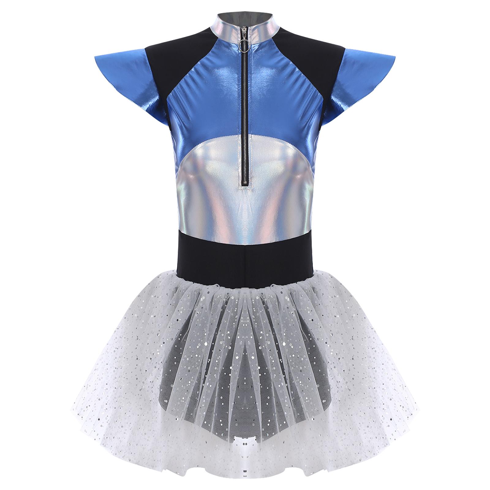 

Жіночий комбінезон «Космічний кадет» з рукавами-кльош, застібкою-блискавкою спереду, спідницею з тюлю з паєтками та шортами-бойшортами, боді для косплею астронавта L срібний