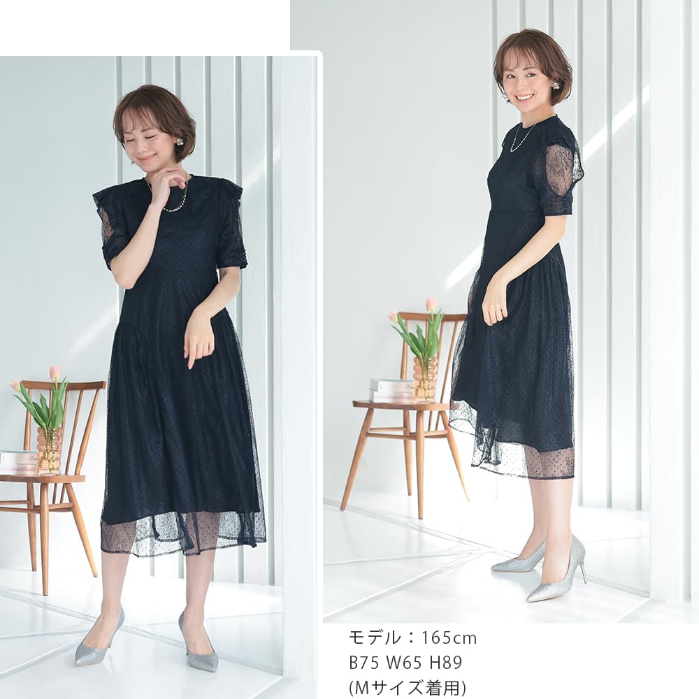 Party Wedding Flocked Dot Party Secondary 322198 [MORE AUNI] Dress, Women's, Dress, Lace, Dress, 1.5th Party, Recital, Reception, Wedding, Wedding,