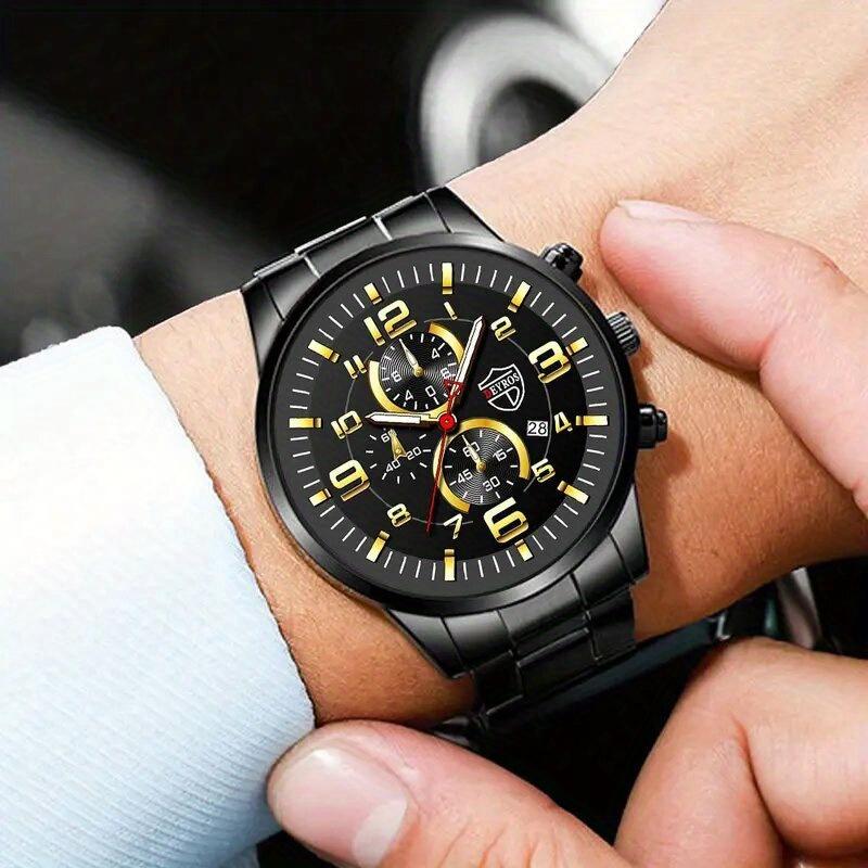 3pcs/set, Fashion Men's Sports Quartz Watch with Stainless Steel Wrist Watch & Bracelet Necklace Set, Men's Gifts