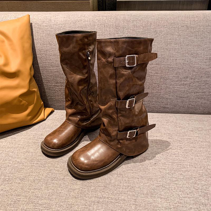 Retro western cowboy boots women's 2025 autumn and winter new Internet celebrity belt buckle trouser tube side zipper black knight boots