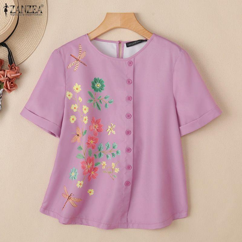 ZANZEA Women Casual Floral Print Round Neck Short Sleeve Blouse
