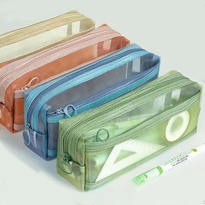 Trousse à crayons en maille portable à double couche transparente grande capacité pour école bureau