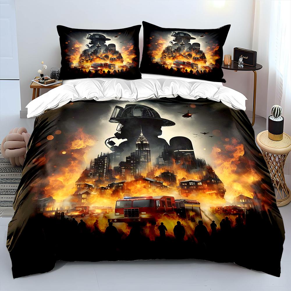 City In Flames With Firefighter Hero Print Soft Comfortable Duvet Cover Bedding Set Included 1*Duvet Cover  2*Pillowcases