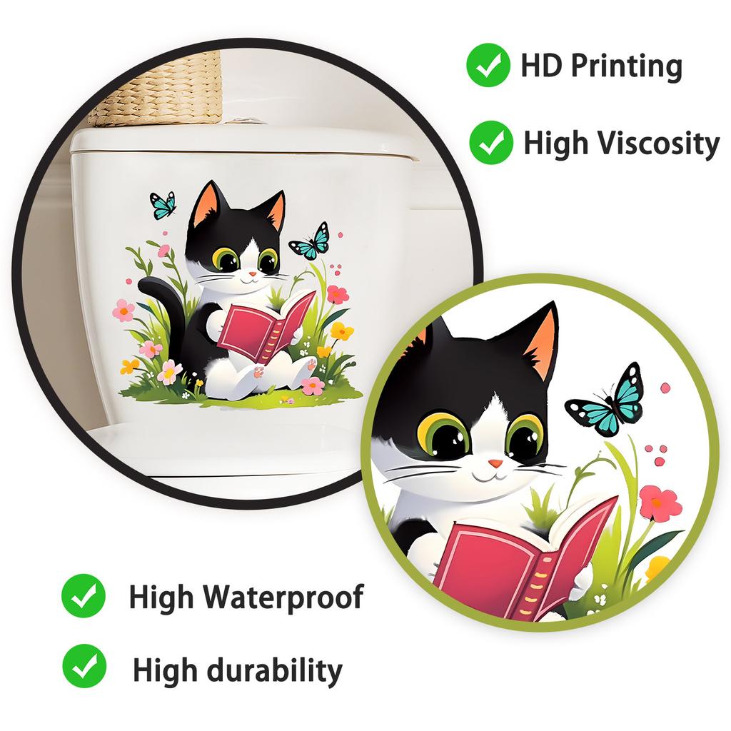 Reading Kitten with Butterflies and Flowers Toilet Wall Sticker Self-Adhesive Removable for Bedroom Living Room Bathroom Decor