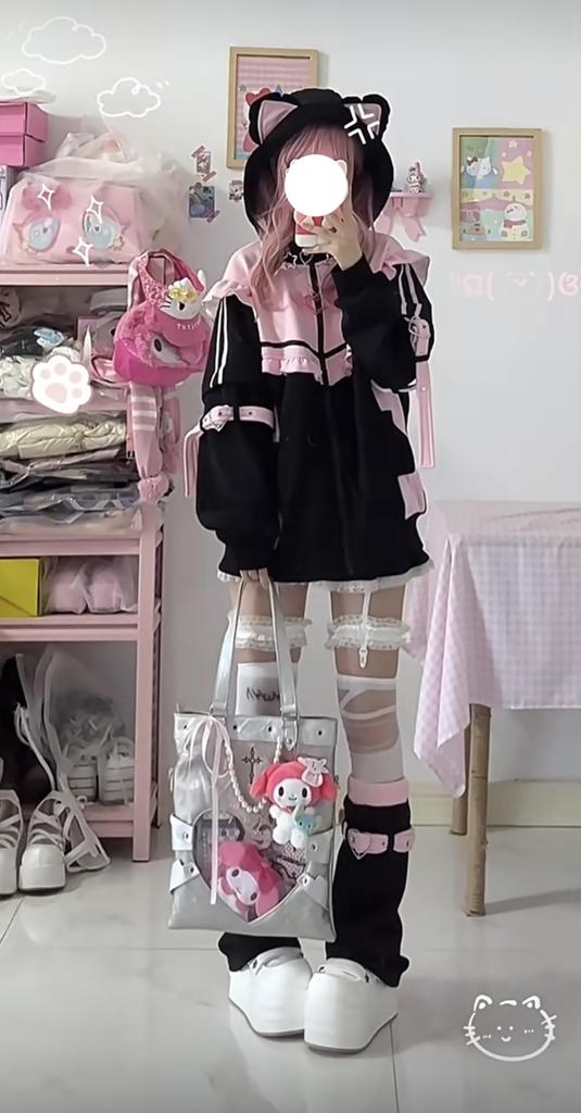 XHSUKADO Cat Ear Landmine Long Y2K Sickly Loose Color Size XL Zip-Up Hoodie, Sportswear, Punk, Subculture, Angel, Style, Women's Clothing, Sleeve,