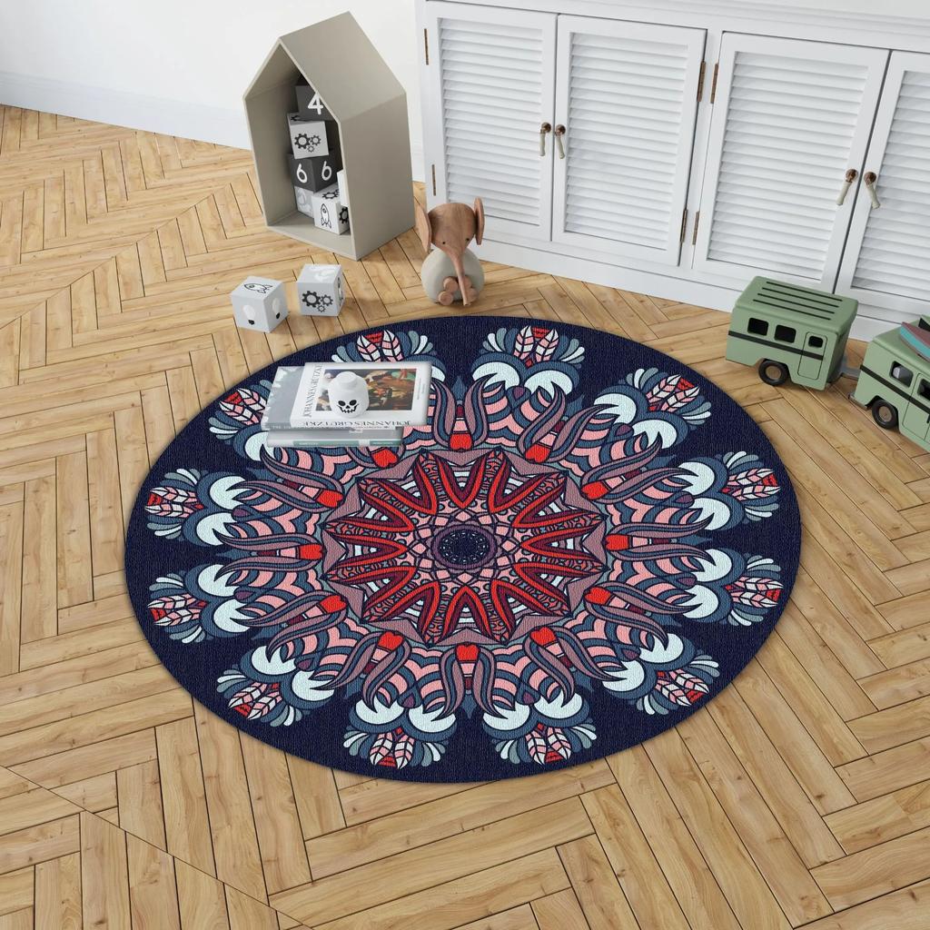 Round Area Rug With Mandala Geometric Patterns In Rich Colors Artistic Bohemian Style Soft Durable Floor Decor For Bedroom