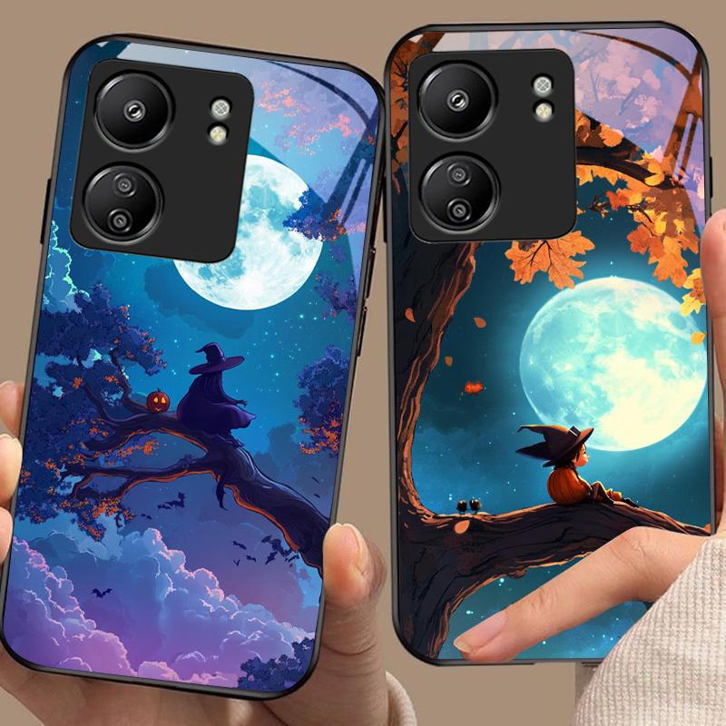 Witch Pumpkin Lantern For Redmi Note 7 8 9 8T 10 11 12 12S 13 14 Pro Plus 5G 13C 12 14C 5 3 4G Black Tempered Glass Phone Case