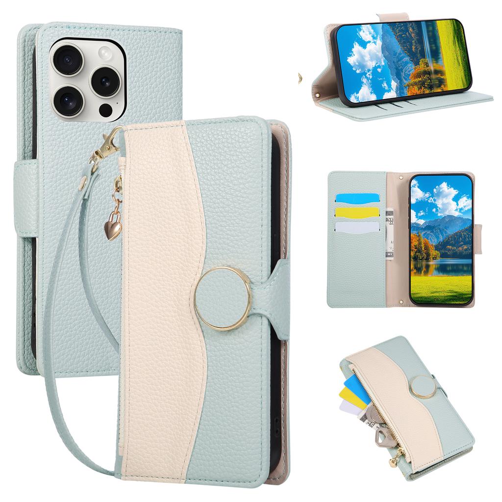For iPhone 15 Pro Max Case Zipper Wallet Color Splicing TPU PU Leather Flip Phone Cover with Strap