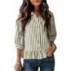 Women's Collar Three Quarter Sleeve Button Down Striped Blouse Loose Vintage Ruffle Hem Casual Commuter Shirt