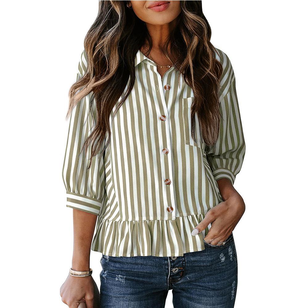 Women's Collar Three Quarter Sleeve Button Down Striped Blouse Loose Vintage Ruffle Hem Casual Commuter Shirt