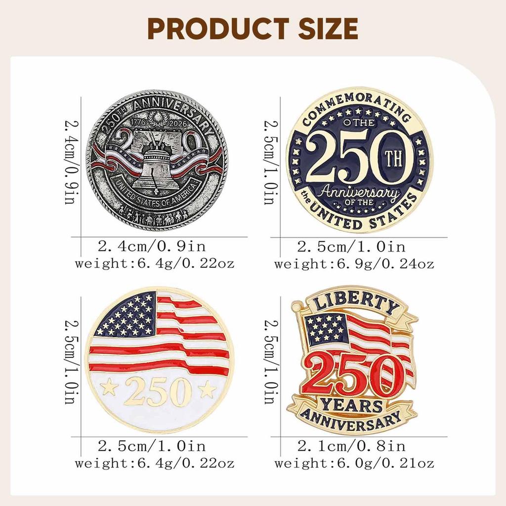 4x USA 250TH Anniversary Pins Commemorative Badges for Backpack Bag Hats