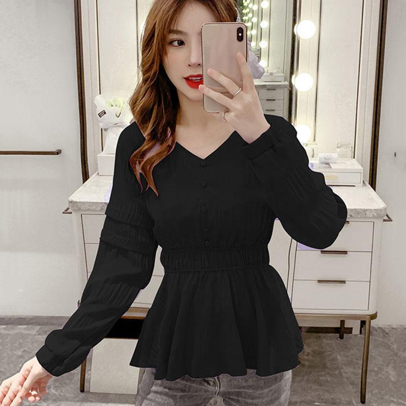 Nipped Waist Ruffled Uzun Kollu Şifon Gömlek Kadın Şifon Bluz Düz Pileli Kloş Kollu Üst Kadın