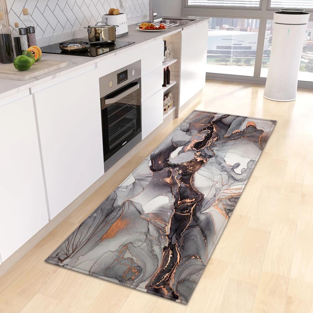 Marble Print Kitchen Runner Rug, Modern Gold  Black Vein Non-Slip Water  Oil Resistant Floor Mat